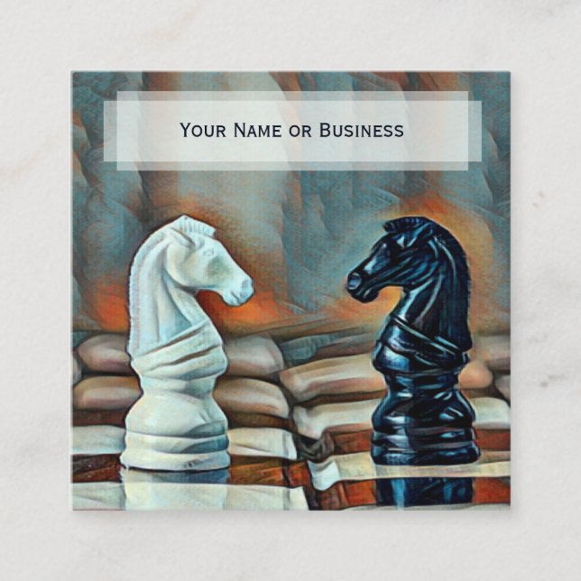 Blue, Orange Classic Chess Knights Coach Club Square Business Card (Front)