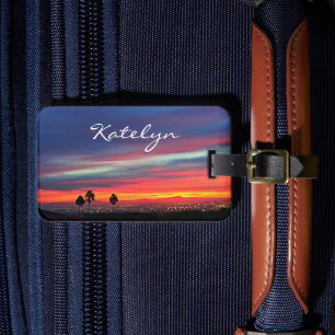 Blue orange clouds sunset photo custom name script luggage tag