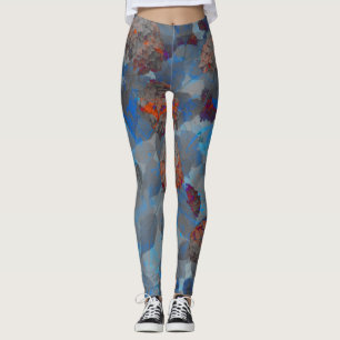 Blue orange colour flower pattern digital art leggings