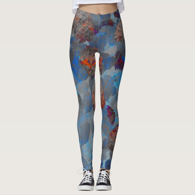 Blue orange colour flower pattern digital art leggings (Front)