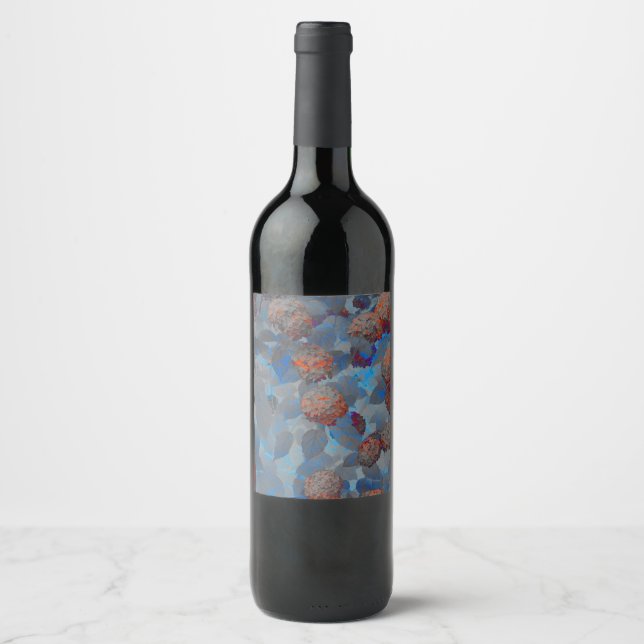 Blue orange colour flower pattern digital art wine label (Front)