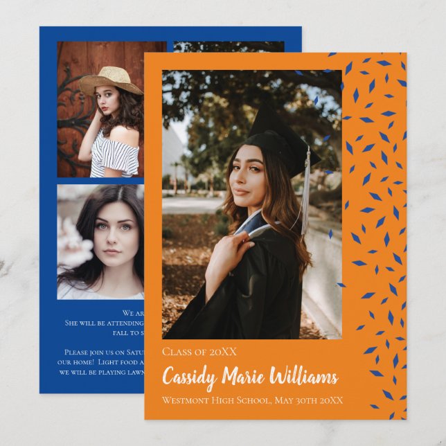 Blue Orange Confetti Graduation Announcement (Front/Back)