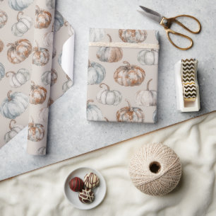 Blue Orange Cream Fall Pumpkins Wrapping Paper
