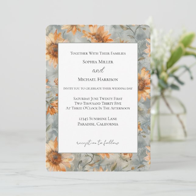 Blue Orange Cream Flowers Wedding Invitation (Standing Front)