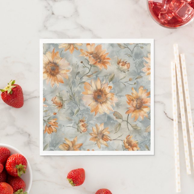 Blue Orange Cream Flowers Wedding Napkin (Insitu)