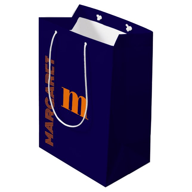 blue & orange custom initial name modern medium gift bag (Back Angled)