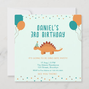 Blue Orange Cute Dinosaur Birthday Party Invitation