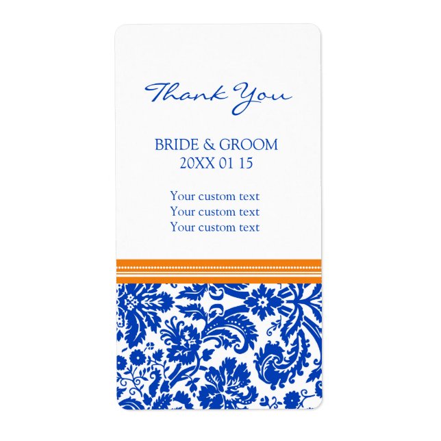 Blue Orange Damask Pattern Wedding Labels (Front)