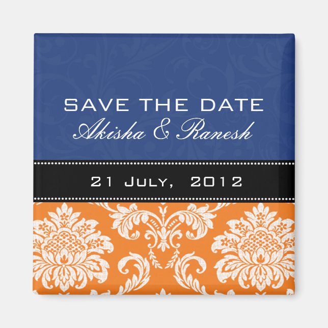 Blue Orange Damask Save the Date Magnet (Front)