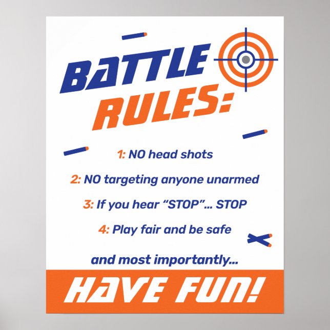 Blue, Orange Dart War Birthday Party Battle Rules Poster (Front)