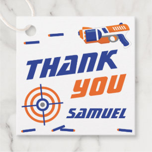 Blue, Orange Dart War Birthday Party Thank You Favour Tags