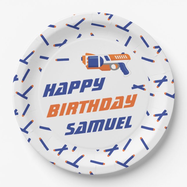 Blue, Orange Dart War Happy Birthday, Any Age Paper Plate (Front)