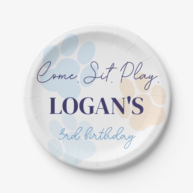 Blue Orange Dog Paw Print Birthday Party Any Age Paper Plate (Front)