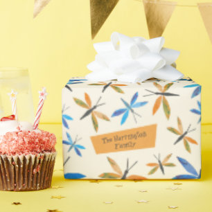 Blue Orange Dragonflies Retro Hand-Drawn Dragonfly Wrapping Paper