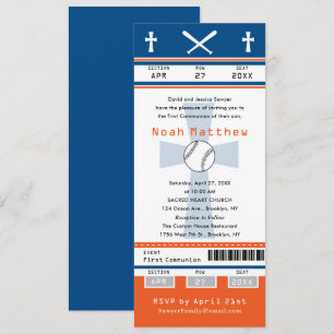 Blue Orange First Communion Baseball Ticket Invitation