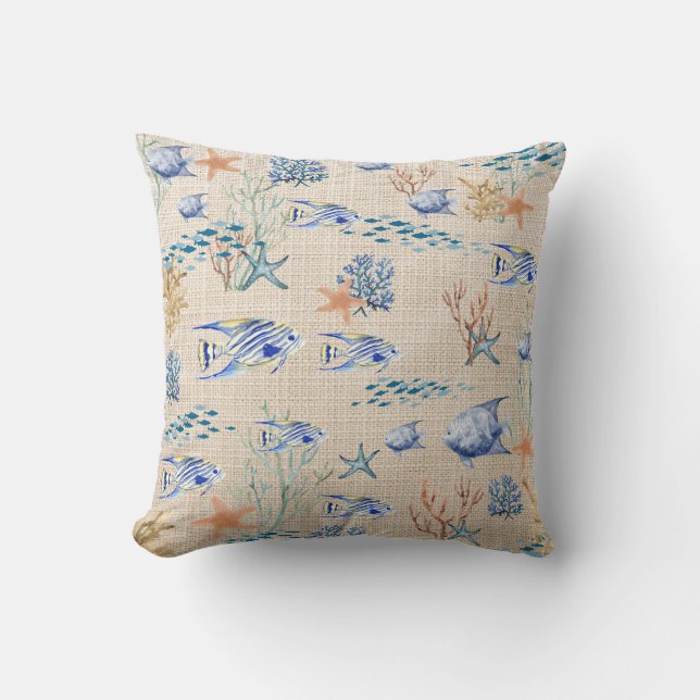 Blue Orange Fish Starfish Coral Reef Coastal Beach Cushion (Front)