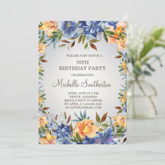 Blue Orange Floral 70th Birthday  Invitation (Standing Front)