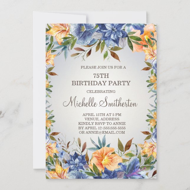Blue Orange Floral 75th Birthday  Invitation (Front)