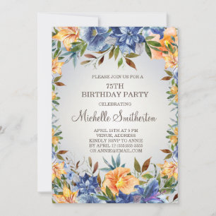 Blue Orange Floral 75th Birthday Invitation