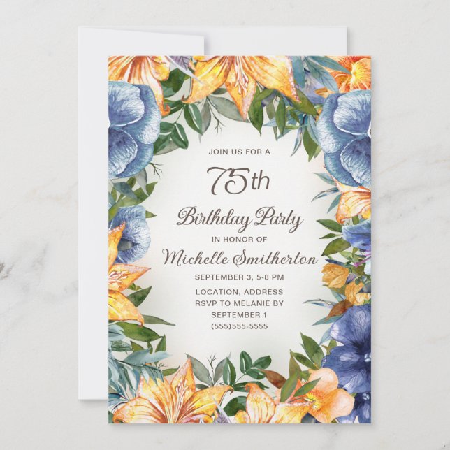 Blue Orange Floral 75th Birthday Invitation (Front)