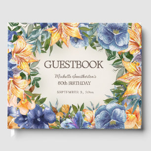 Blue Orange Floral 80th Birthday Guest Book