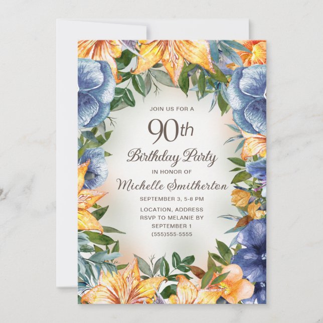 Blue Orange Floral 90th Birthday Invitation (Front)