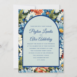 Blue Orange Floral Arch Wedding Invitation