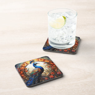 Blue Orange Floral Autumn Peacock Stained Glass Coaster