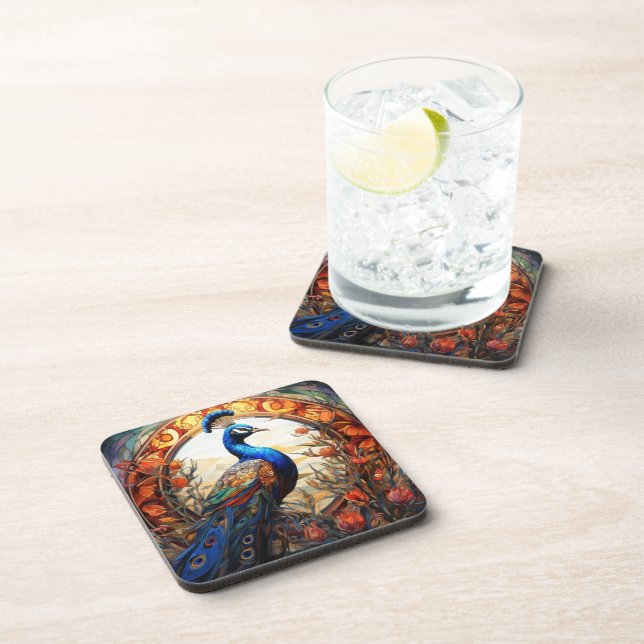 Blue Orange Floral Autumn Peacock Stained Glass Coaster (Right Side)
