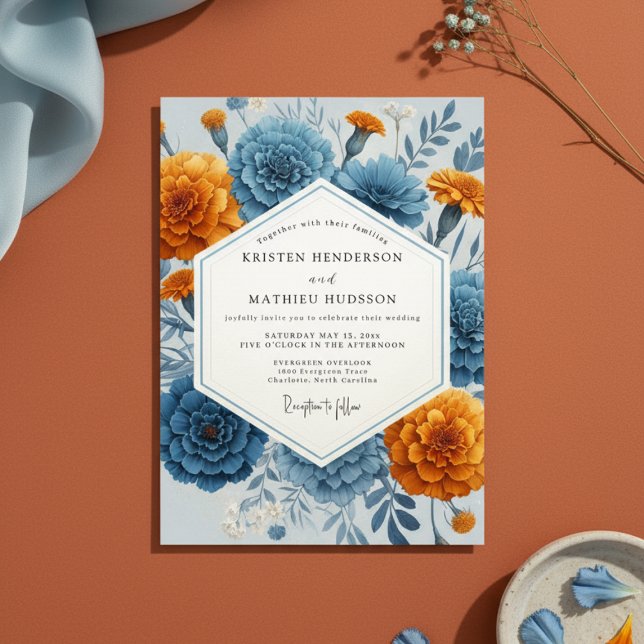 Blue Orange Floral Autumn Wedding Invitation (Creator Uploaded)