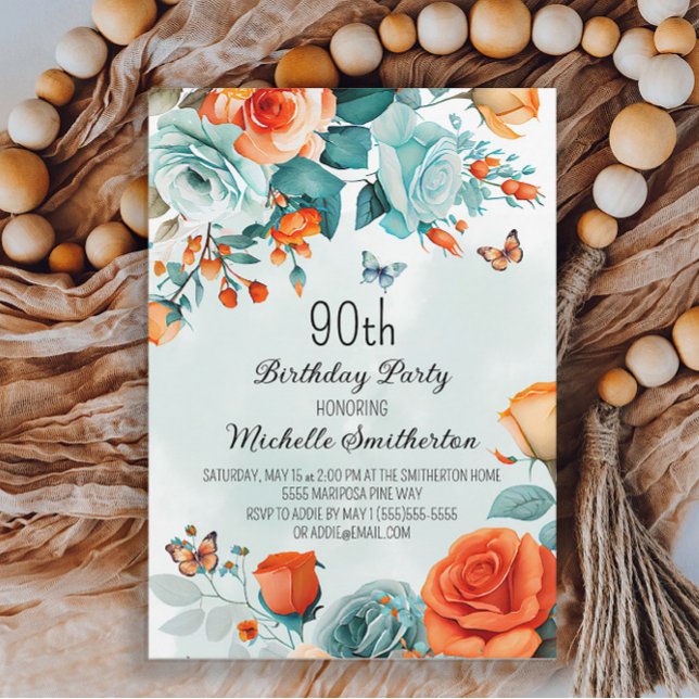 Blue Orange Floral Butterflies 90th Birthday Invitation (Creator Uploaded)