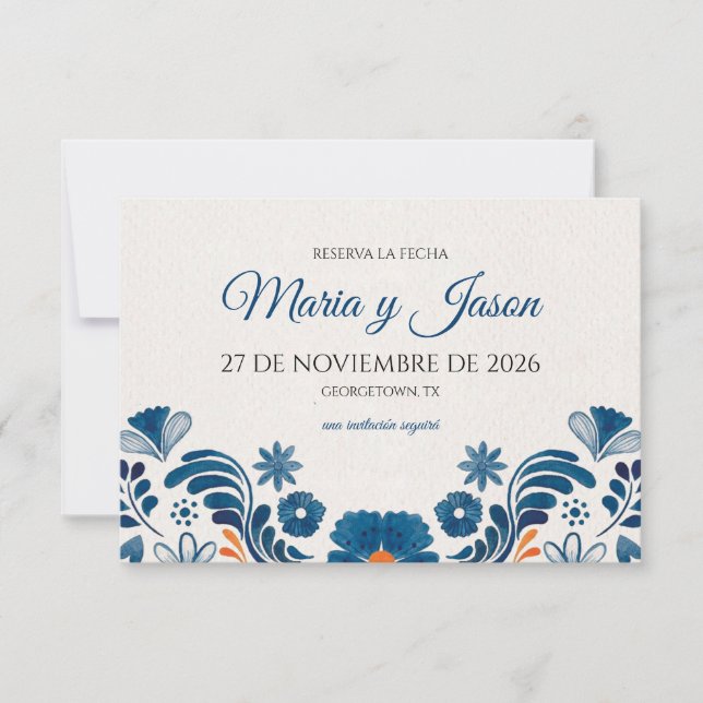 Blue Orange Floral Elegant Fiesta Spanish Wedding Save The Date (Front)