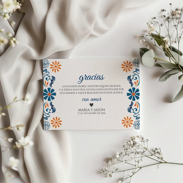 Blue Orange Floral Elegant Fiesta Spanish Wedding Thank You Card (Blue Orange Floral Elegant Fiesta Spanish Wedding Thank You Card)