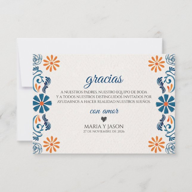 Blue Orange Floral Elegant Fiesta Spanish Wedding Thank You Card (Front)