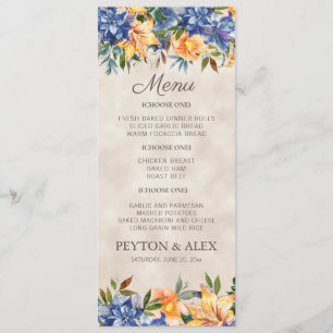 Blue Orange Floral Fall Autumn Wedding Menu