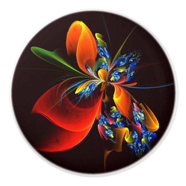 Blue Orange Floral Modern Abstract Art Pattern #03 Ceramic Knob (Front)