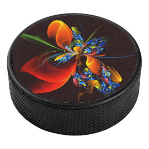 Blue Orange Floral Modern Abstract Art Pattern #03 Hockey Puck