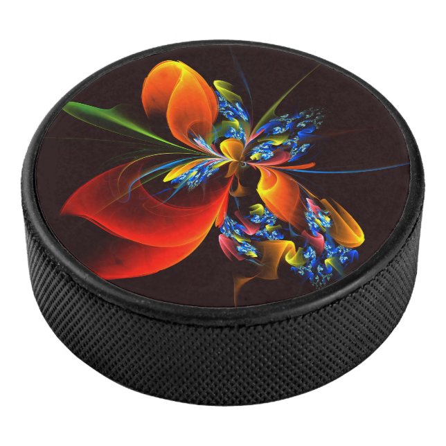 Blue Orange Floral Modern Abstract Art Pattern #03 Hockey Puck (3/4)