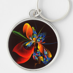 Blue Orange Floral Modern Abstract Art Pattern #03 Key Ring