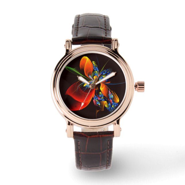 Blue Orange Floral Modern Abstract Art Pattern #03 Watch (Front)