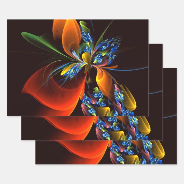 Blue Orange Floral Modern Abstract Art Pattern #03 Wrapping Paper Sheet (Set)