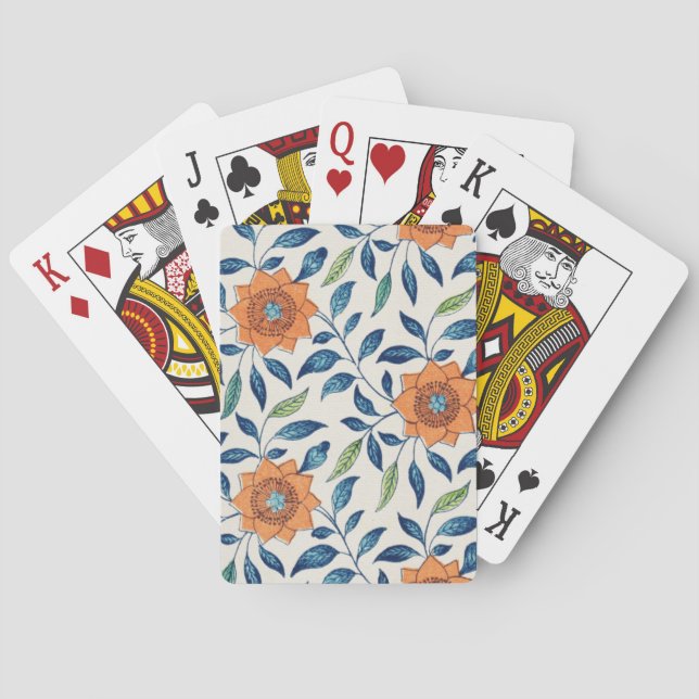 Blue & Orange Floral Pattern Playing Cards (Back)