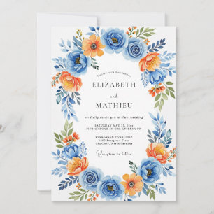 Blue Orange Floral Romance Wedding Invitation