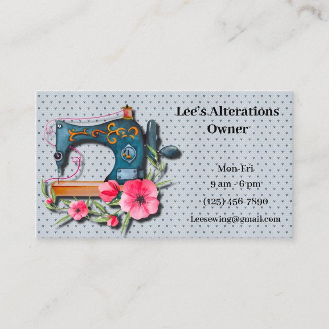 Blue Orange Floral Sewing Machine Knit Business Card (Front)