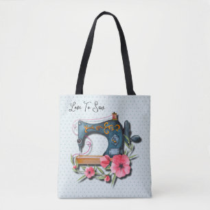 Blue Orange Floral Sewing Machine Knit Tote Bag