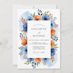 Blue Orange Floral Spring Wedding Invitation