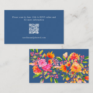 Blue Orange Floral Wedding RSVP Online QR Code Enclosure Card
