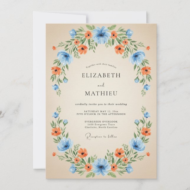 Blue Orange Floral Wreath Wedding Invitation (Front)