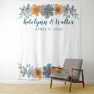 Blue & Orange Flower Wedding Photo Booth Backdrop Tapestry