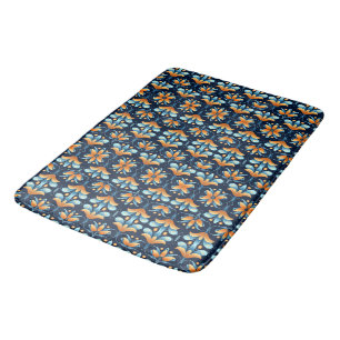 Blue orange flowers Art Deco Bath Mat
